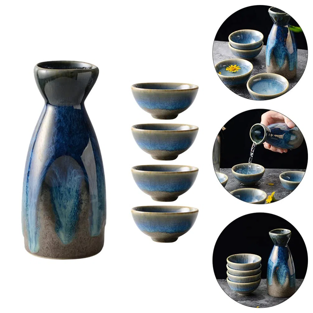 HEMOTON Porcellana Bottiglia di Sake Set Giapponese Tokkuri Sake Pentola con 4 Tazze di Ceramica Tradizionale Bene Che Serve Bottiglia di Vino Caraffa per La Casa Partito