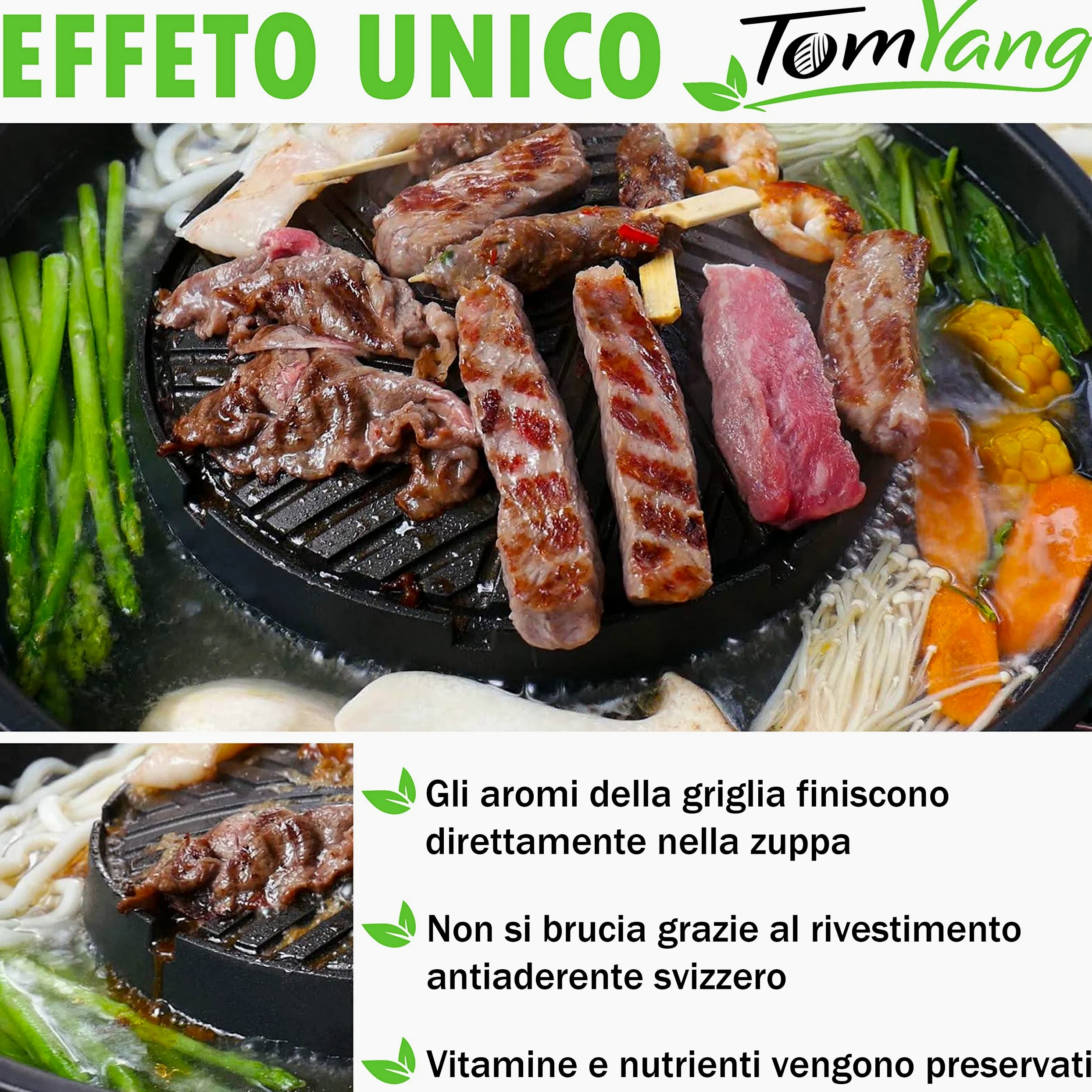 TomYang Hot Pot Premium – con Accessori Premium e Coltello Santoku. L’Originale Thai Grill e Hot Pot, Rivestimento Antiaderente Svizzero. Korean BBQ Grill, Hotpot, Pentola Mookata