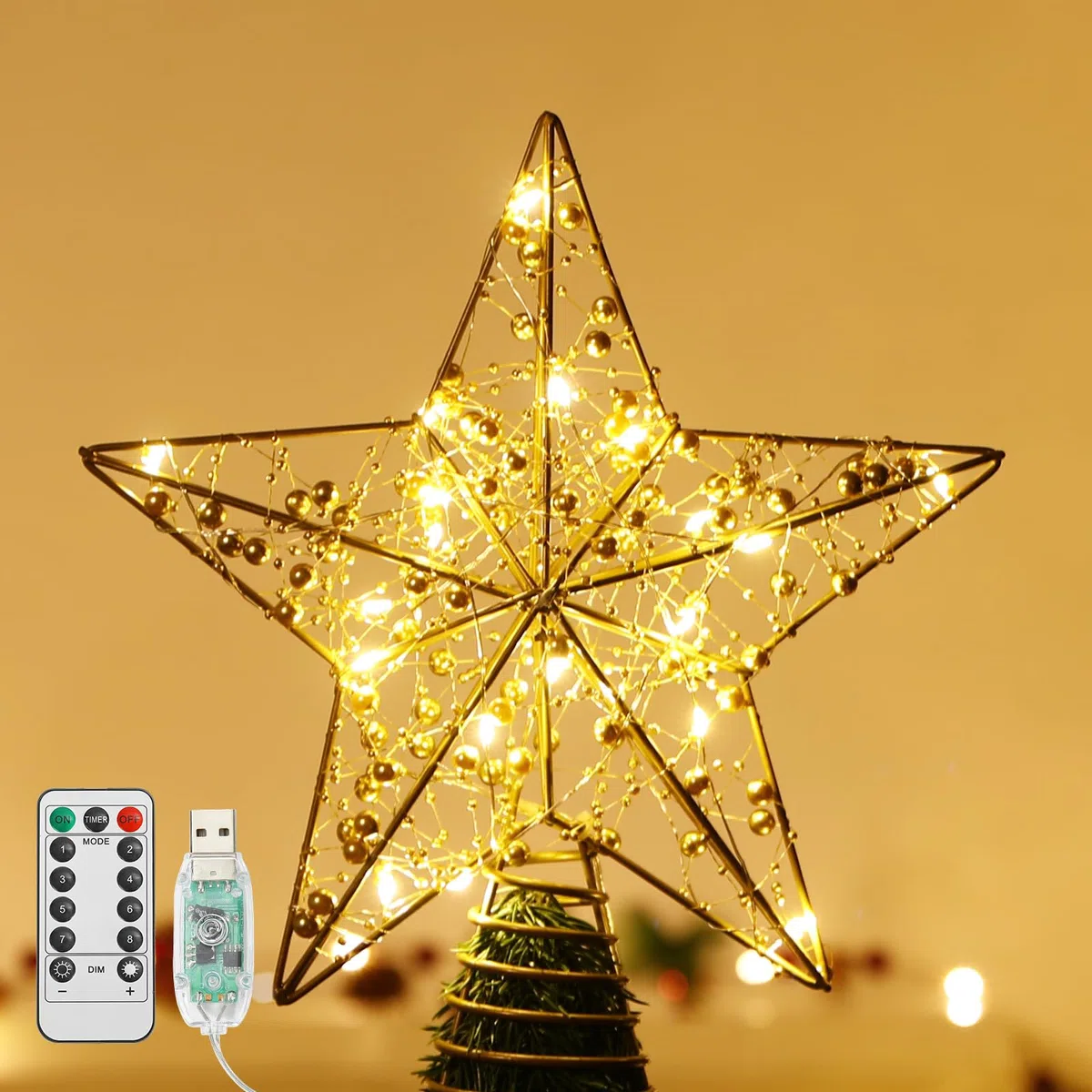 Lewondr Puntale per Albero di Natale a Forma di Stella, 11" Puntale con Base Spirale Telecomandato Alimentato da USB, 8 Modalità con Timer, Oro