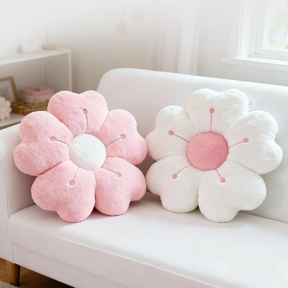 2 Pezzi Cuscino a Forma di Fiore, Cuscino da 35 cm con Motivo Floreale, Estetico Cuscino a Margherite Bianco + Rosa, Morbido e Soffice Cuscino a Forma di Fiore a R per Pavimento, Carino Decoro