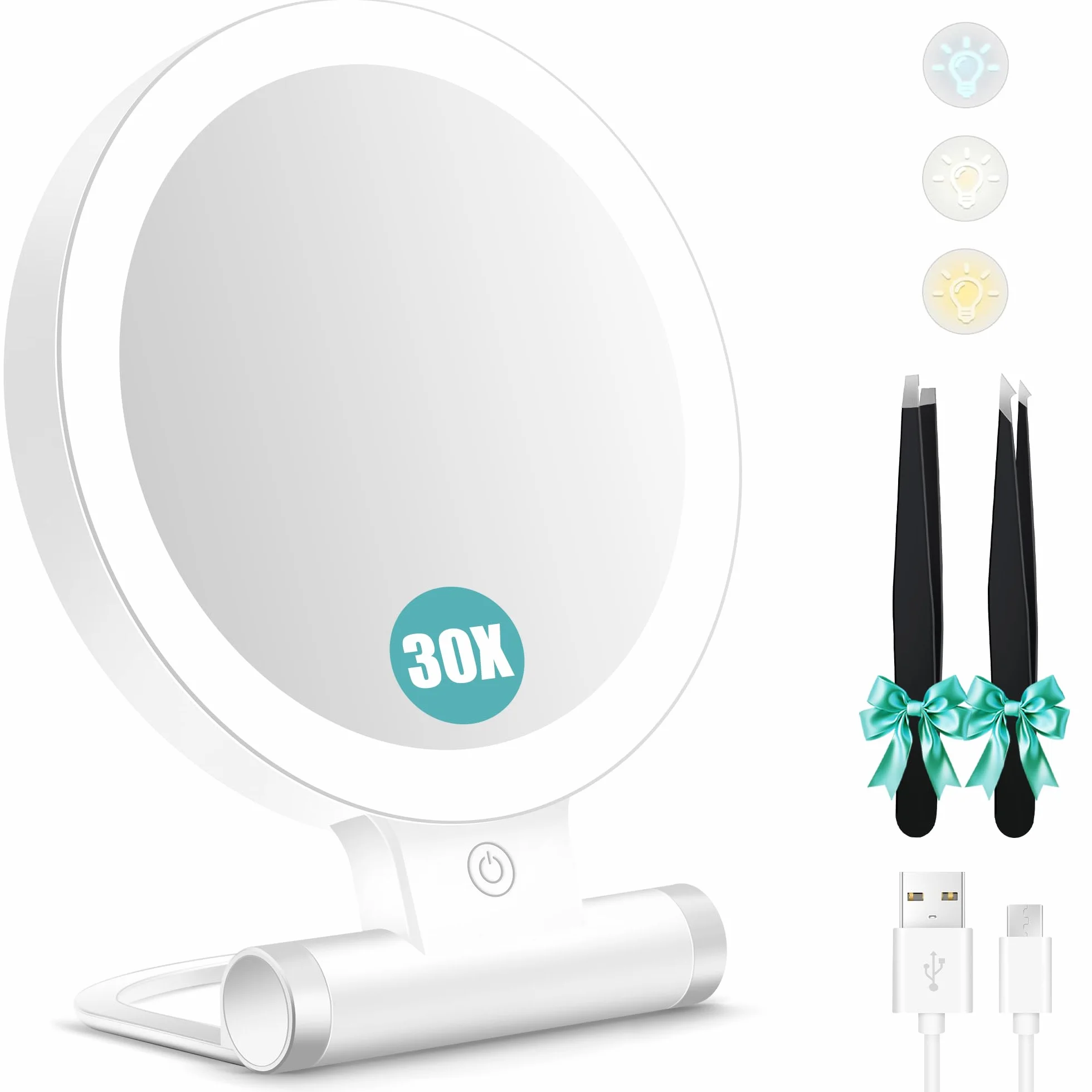 B Beauty Planet Specchio d'ingrandimento con luce 30X, specchio per il trucco a doppio lato con ingrandimento 1X/ 30X e pinzetta, 2000mAh 3 modalità di colore con luminosità regolabile