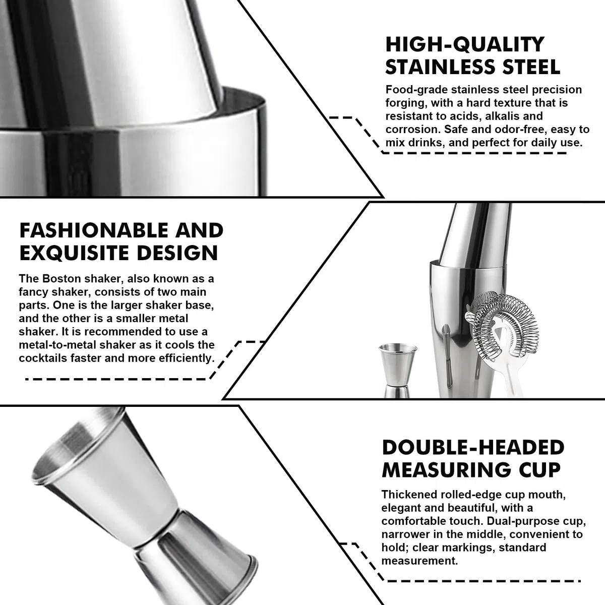 Boston - Set shaker da cocktail da 600 ml e 450 ml, in acciaio inox, con colino e misurino, in metallo, accessori da bar di alta qualità, shaker professionale Boston per Bartending