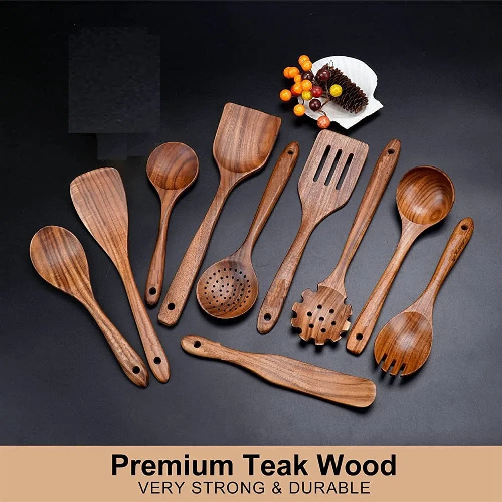 Utensili da Cucina in Legno, Set di Utensili da Cucina con Cucchiai in Legno di Teak e Spatola in Legno per Cucina