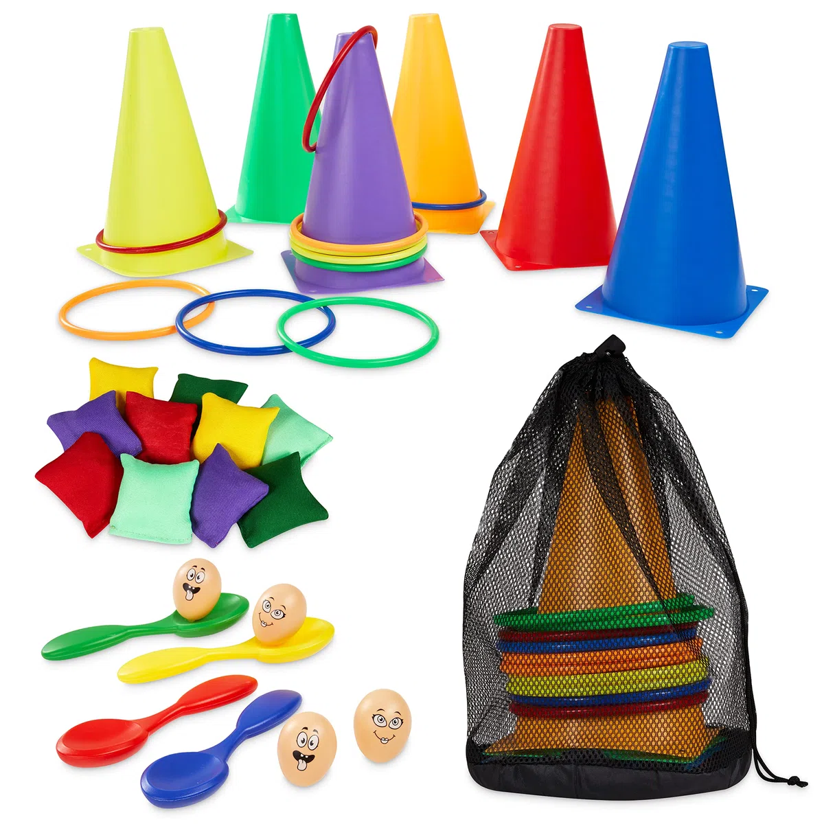 KreativeKraft Giochi da Esterno per Bambini Giardino Giochi per Feste Bambini Adulti Gioco Cucchiaio e Uovo Corsa Sacchi Lancio Degli Anelli (4 in 1 Set)