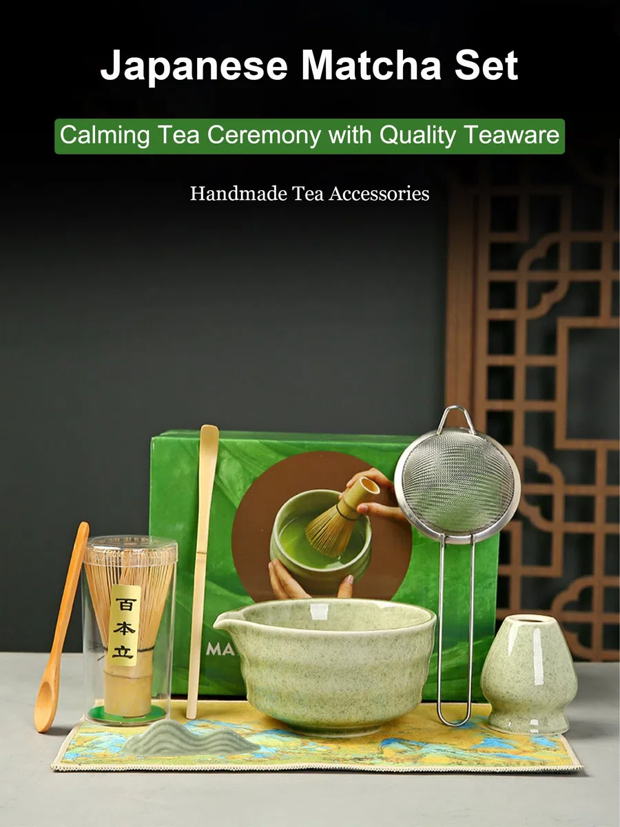 Set Matcha – Matcha Set a 8 Pezzi per la Cerimonia del Tè: Ciotola con Beccuccio, Frusta Matcha in Bambù con Supporto, Chashaku, Supporto per Chashaku, Cucchiaio in legno, Chakin, Setaccio per Matcha