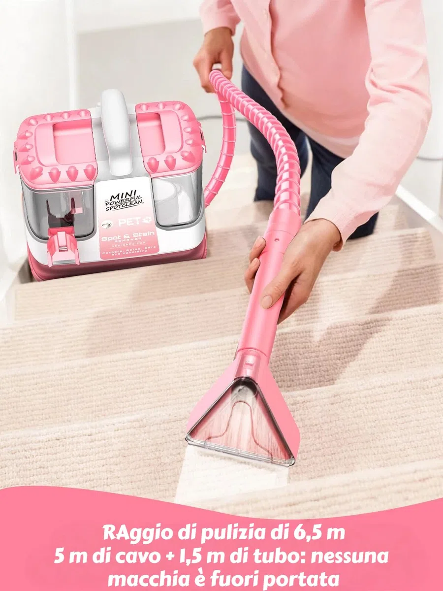 Lavatappeti Portatile, 600W Lava Tappezzeria per Tappeti, Doppio Serbatoio Acqua, Auto Pulizia, 16kPa Potente Aspirazione, per mobili imbottiti, per tappeti, auto, design leggero e compatto, Rosa