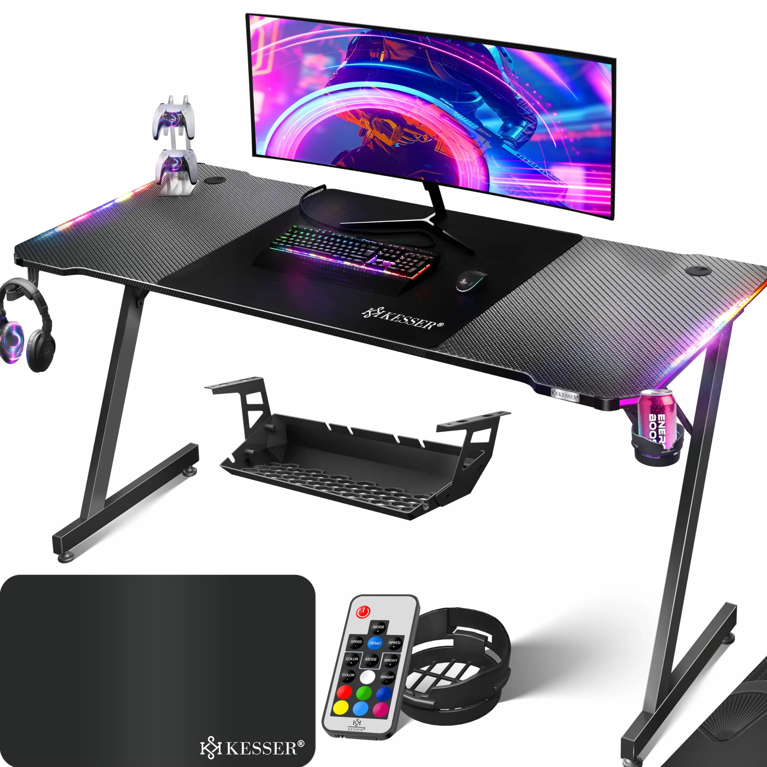 KESSER® Scrivania da Gioco LED - 180 x 80 cm, Scrivania a forma di Z, Gancio per Cuffie e Rivestimento in Carbonio, Ergonomica per PC, con Portabicchieri, Nero Carbonio