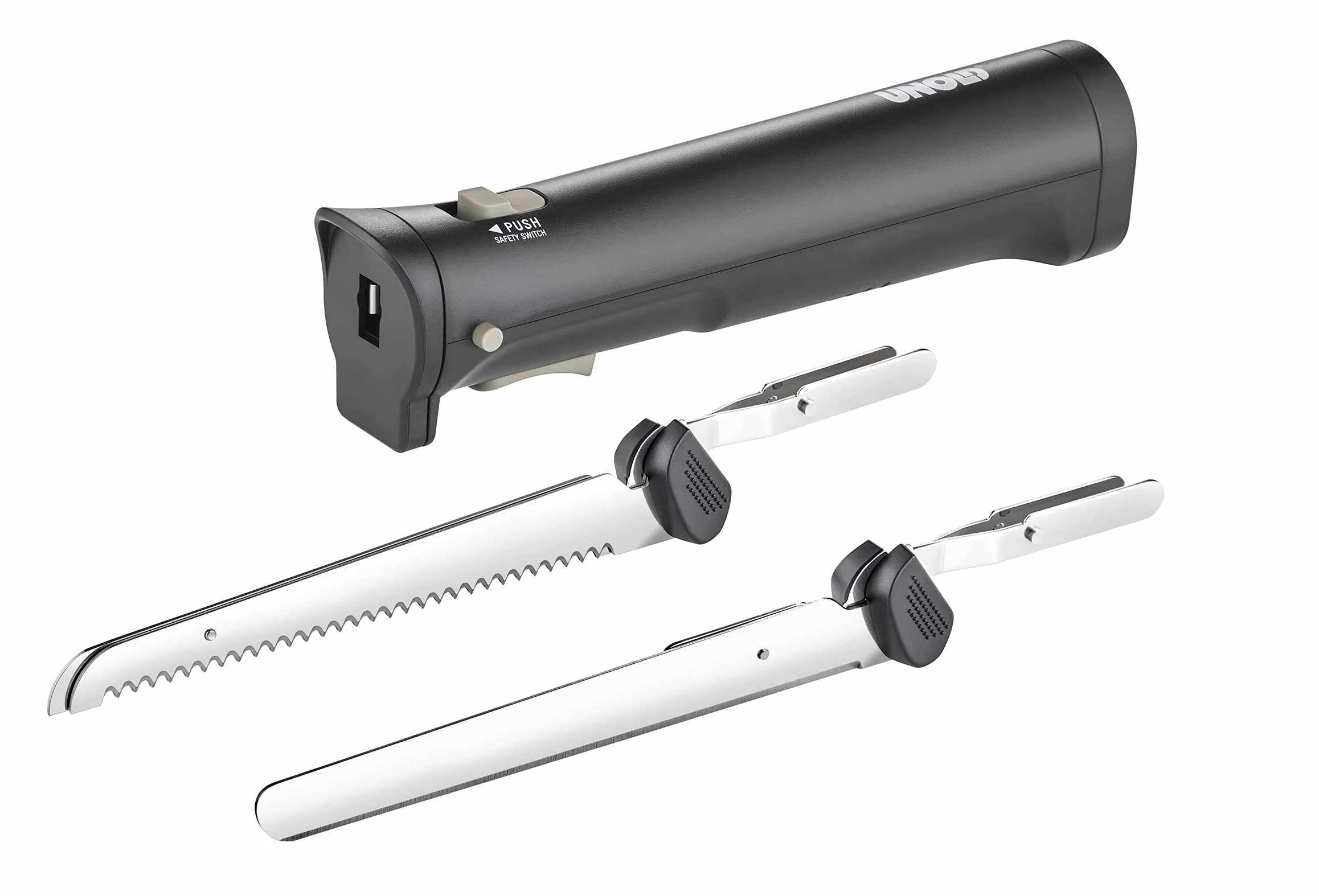 Unold 78815 Coltello elettrico senza fili con due coltelli intercambiabili in acciaio inox per pane, verdure, carne o pesce, durata della batteria di 45 minuti, senza fili – per una