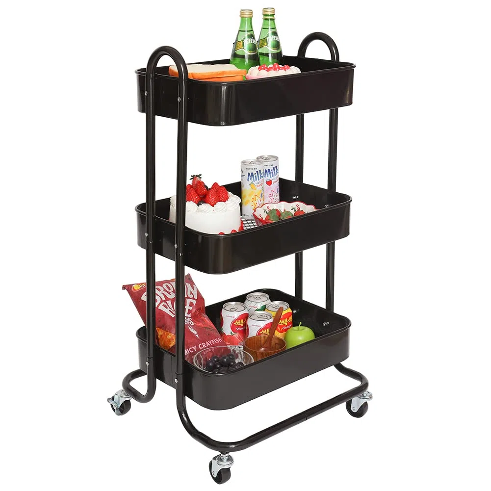 BAKAJI Carrello da Cucina in Metallo 3 Ripiani Slim Stile Industrial con 4 Ruote Girevoli, Carrellino Portaoggetti Ideale per Cucina, Bagno, Soggiorno, Design Salvaspazio, Multiuso, 46x40x84Hcm (Nero)