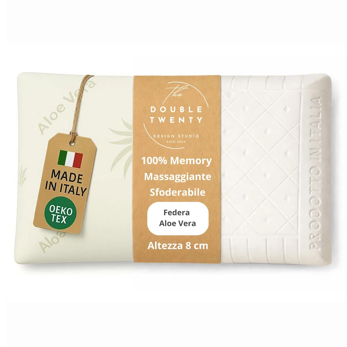 The Double Twenty | Cuscino Memory Foam BASSO 8 cm – Supporto Cervicale Ergonomico ad Alta Densità (Sostegno Deciso) – Modello Saponetta con Federa Aloe Vera – Ideale per Bambini e Posizione Supina
