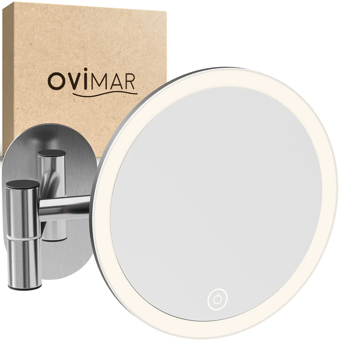 ovimar specchio cosmetico Vorupor argento | con illuminazione | ricaricabile | montaggio a parete senza forare | in bagno | specchio ingranditore 5x | specchio per il trucco con luce | specchio a 360°