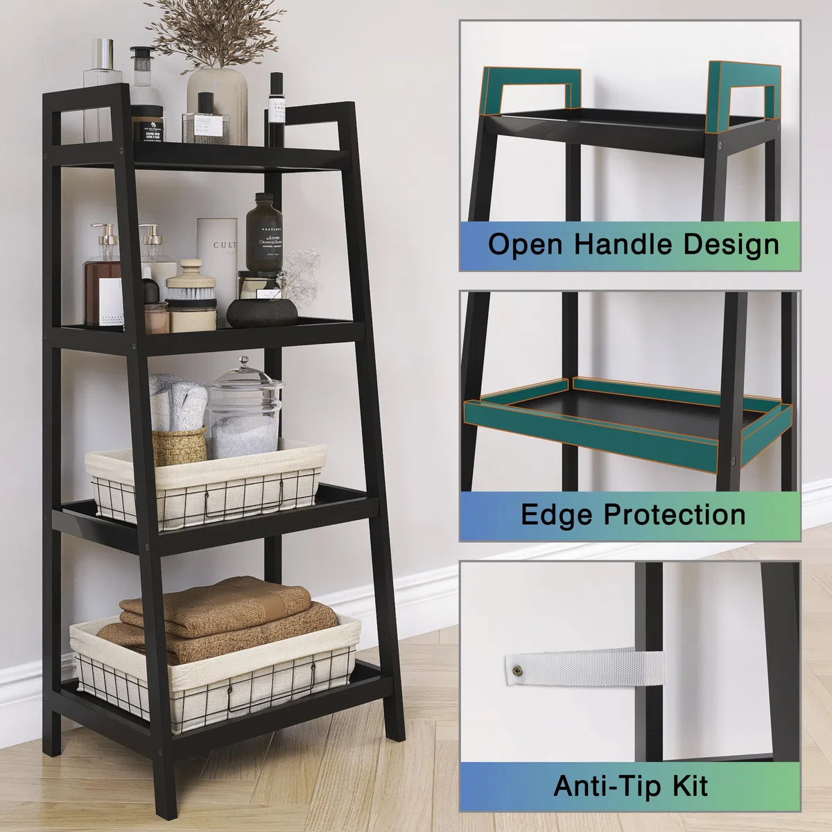 SMIBUY Libreria a scala in bambù, organizer per rack da bagno, espositore per piante autoportante a 4 e 5 livelli Scaffali salvaspazio per camera da letto, cucina (Nero, 4 livelli (99cm H))