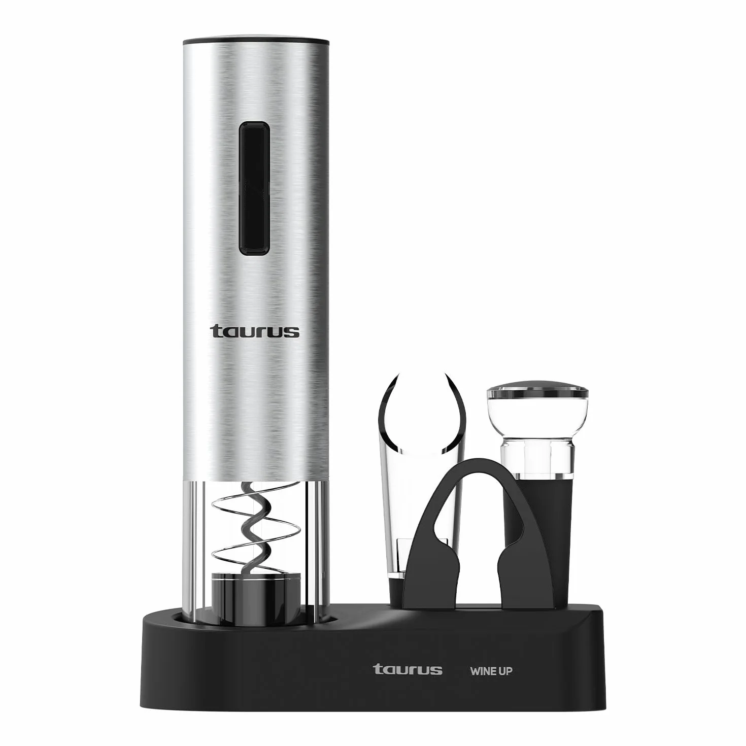 Taurus - Cavatappi Elettrico Professionale Wine Up + Ricaricabile | Apre in 6-8 s | Luce LED | Accessori: tagliacapsule, Decanter, Tappo Pompa a Vuoto, Base, Cavo USB