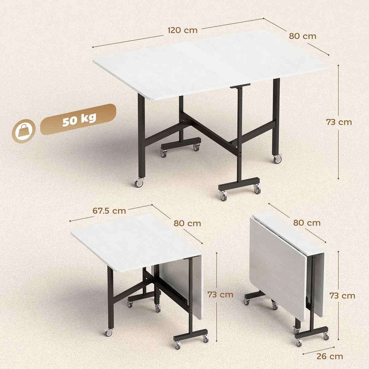 HOMCOM Tavolo da Pranzo Pieghevole, Tavolo Cucina a Ribalta con Ruote a Freno per 4-6 Persone, Scrivania Richiudibile con Struttura in Acciaio, per Soggiorno, 120x80x73 cm, Bianco Effetto Legno