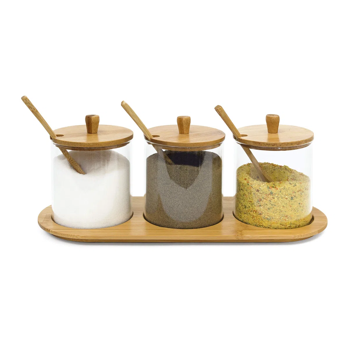 Relaxdays Portaspezie Jiao con Vasetti in Vetro, Coperchi, Cucchiaini e Vassoio in bambù, Barattoli Trasparenti,Naturale