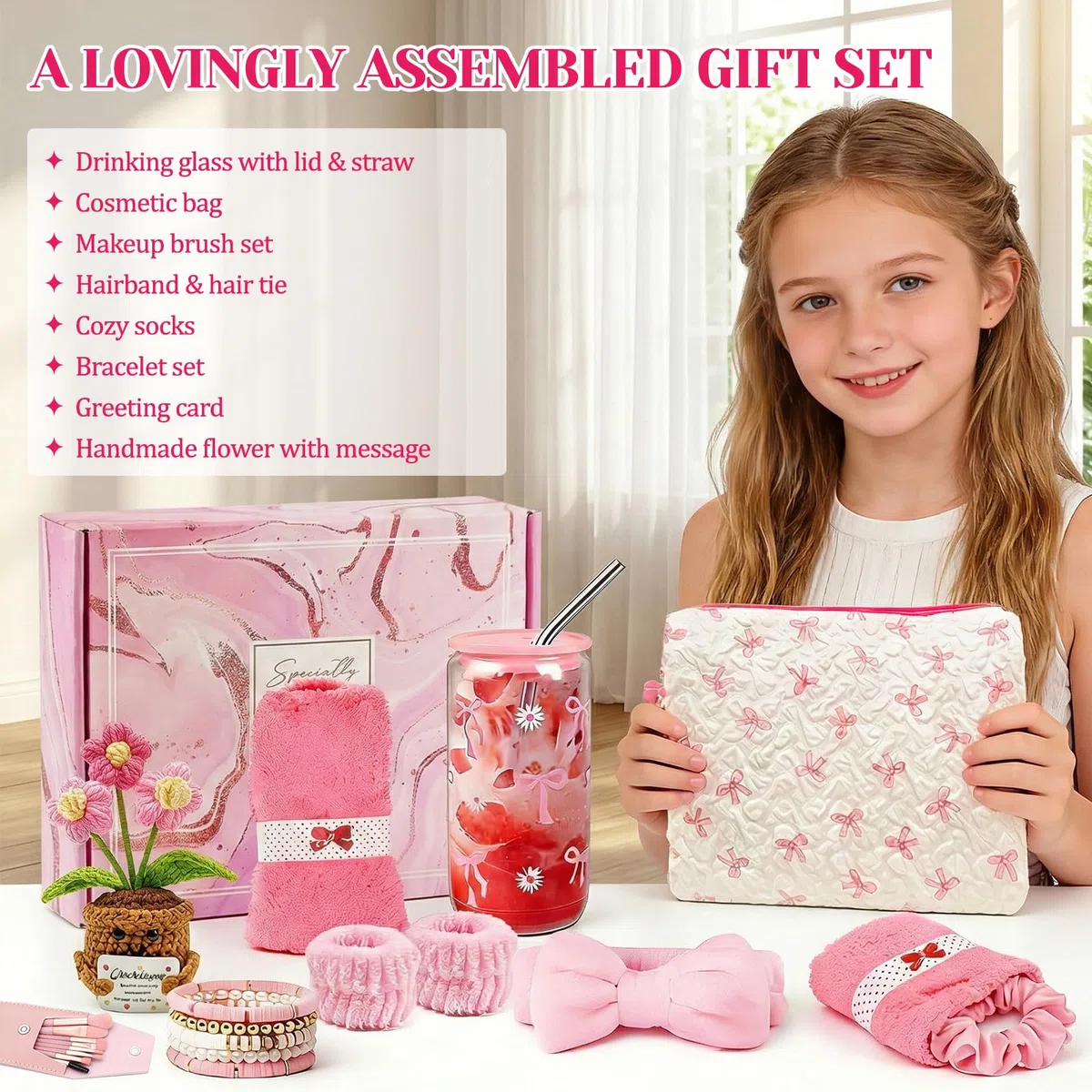 Regali per ragazze adolescenti 9 10 11 12 13 14 15 anni, regali di compleanno e Natale per ragazze e donne, bicchiere con cannuccia, pennello per trucco, borsa per cosmetici, bracciale, calze e fascia