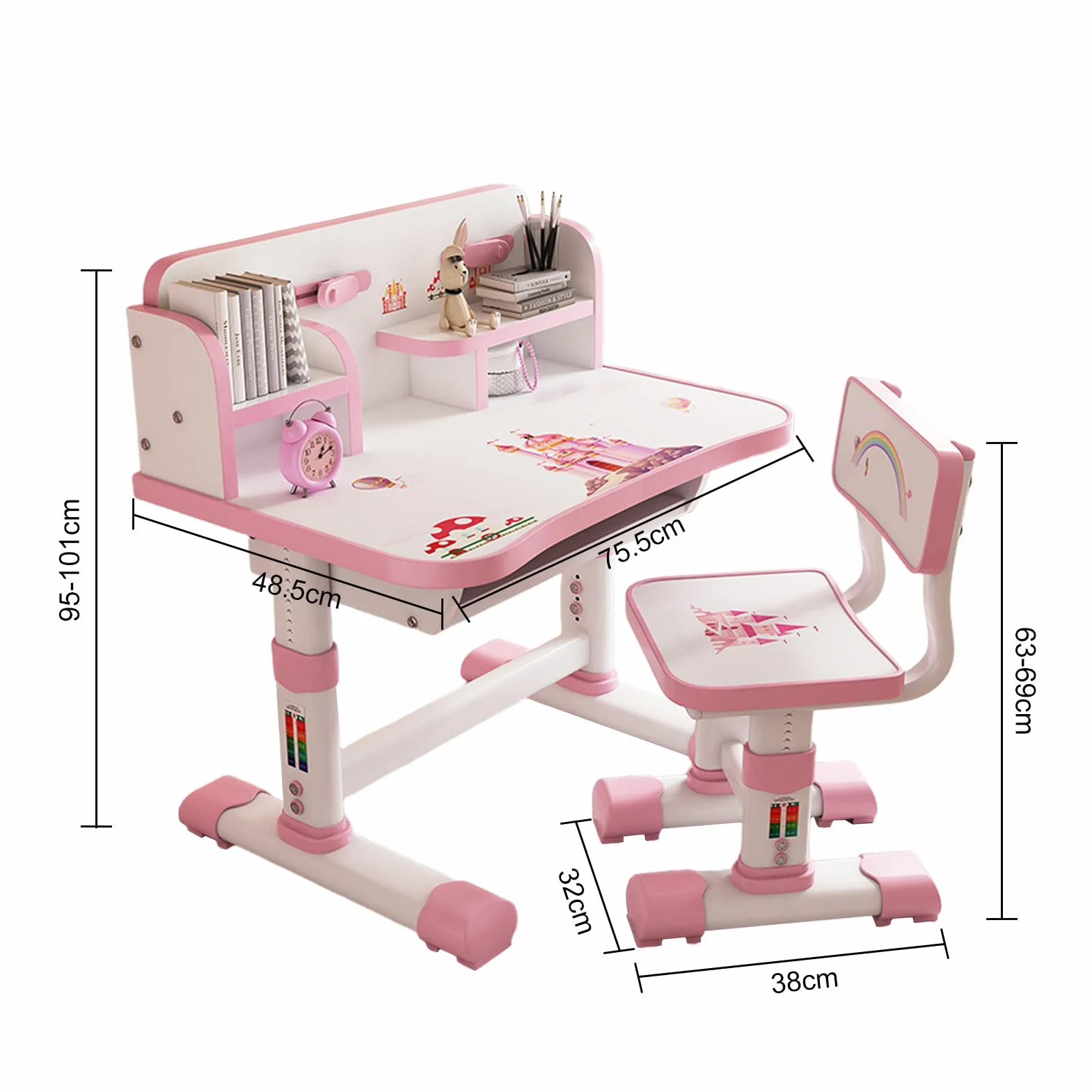 Set di sedie da scrivania per bambini, altezza regolabile, tavolo da studio per bambini, scrivania allargata con scomparto portaoggetti per casa e scuola (bianco e rosa)