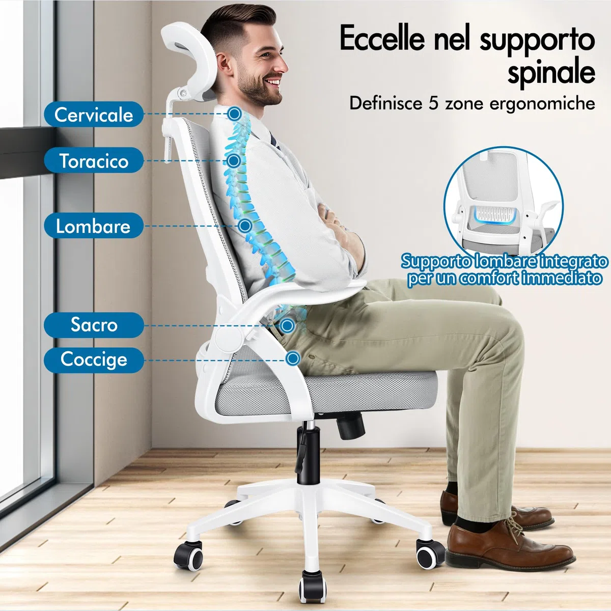 ALFORDSON Sedia da Ufficio Scrivania Ergonomica, Con Braccioli Pieghevoli, Sedile Imbottito e Schienale in Rete Traspirante, Girevole con Ruote, Funzione Oscillante, Portata 180 kg(Bianca e grigia)