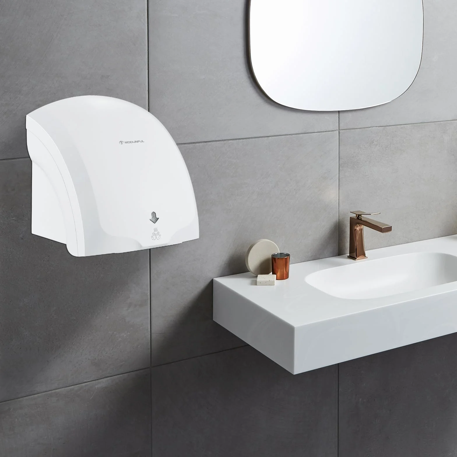 modunful Asciugamani automatico Asciugamani a muro con luce pilota, asciugatura ad aria calda e fredda, compatto classico commerciale 220V 2000W bianco