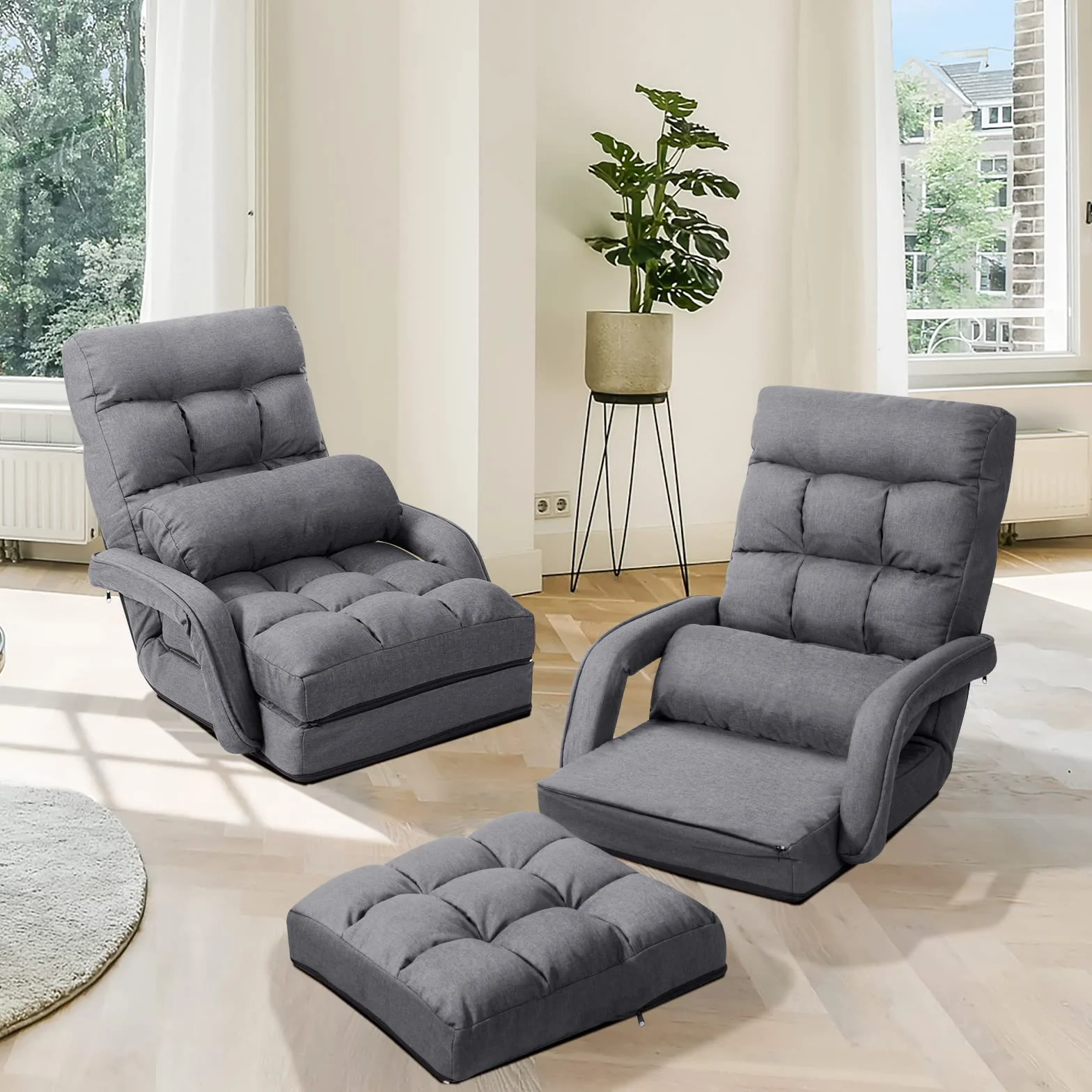 COSTWAY Poltrona Divano con 5 Livelli Regolabili, Sedia da Terra con Braccioli e Cuscino, Struttura in Acciaio, Multifunzione e Pieghevole per Soggiorno Camera da Letto, 55x66x71 cm (Grigio)