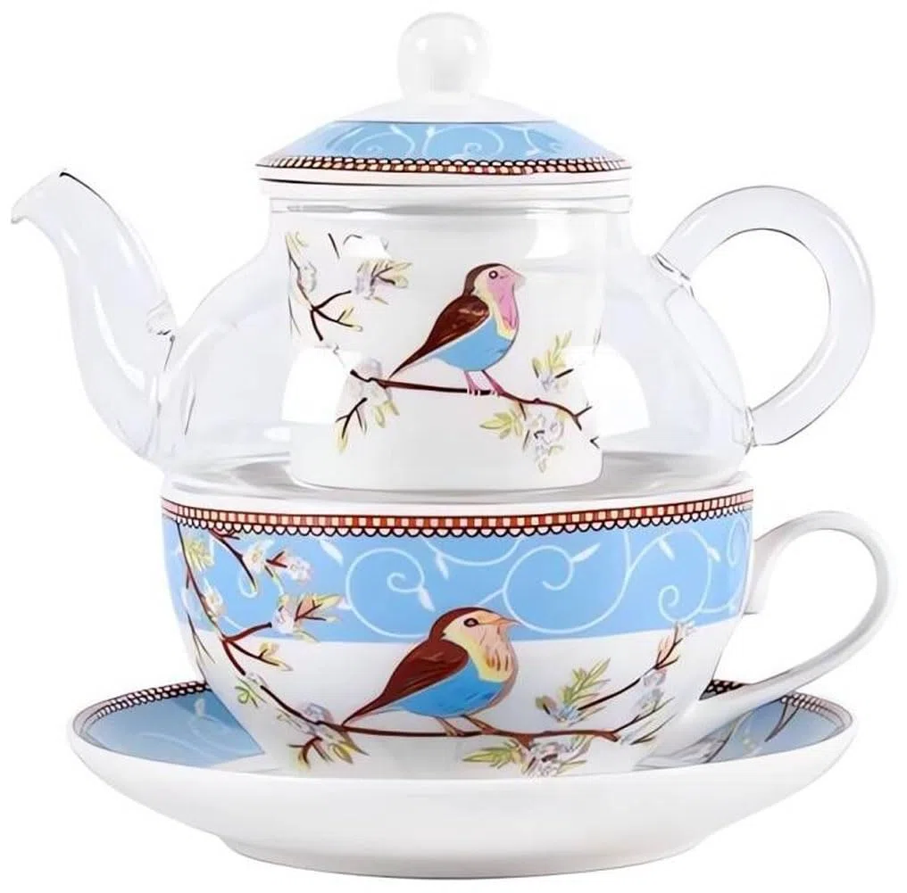 YBK Tech Teiera in Vetro con Filtro in Porcellana, Set di Tazza e Piatto con Motivo Uccelli Felici, Teiera e Tazza per 1 Persona (Blu)