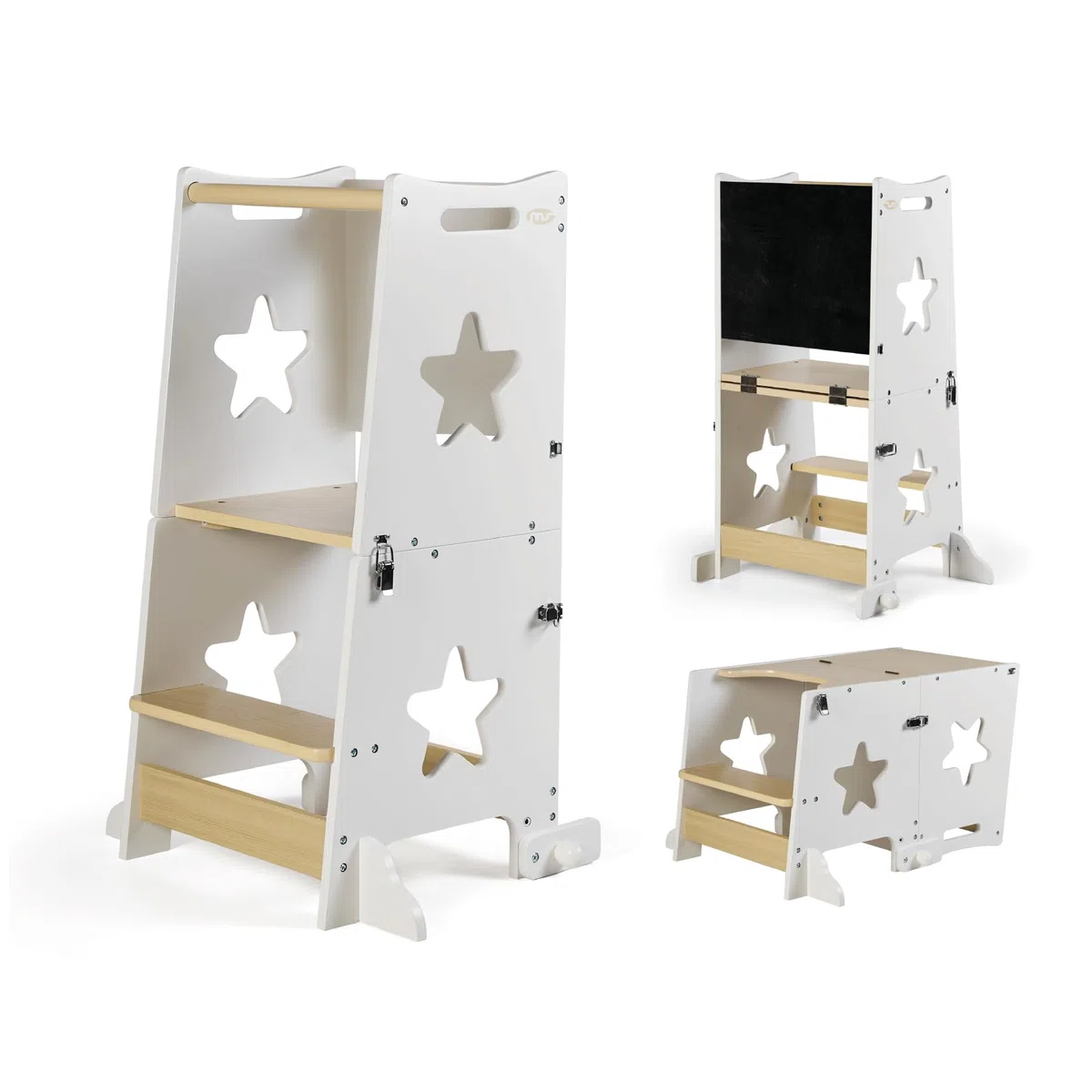 MS BabyWorld – Learn Up – Torre d'Apprendimento Montessori | Convertibile in Scrivania con Lavagna e Sgabello | Legno Massello | Barra di Sicurezza | Pieghevole