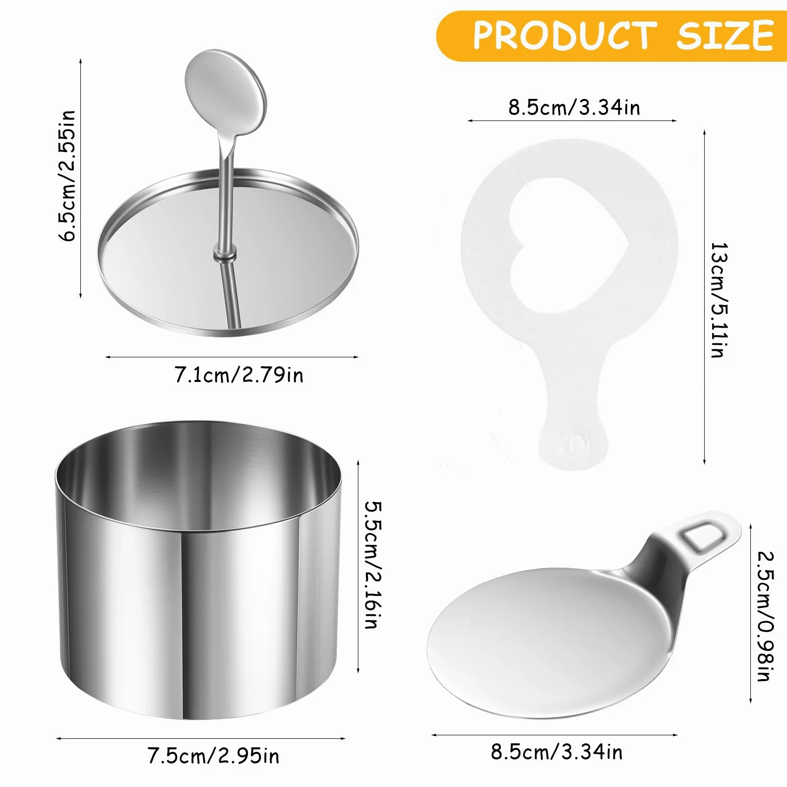 Set di 8 anelli da dessert e fedi nuziali, in acciaio inox, diametro 7,5 cm, con coperchio, base e stencil, forma rotonda per tortine
