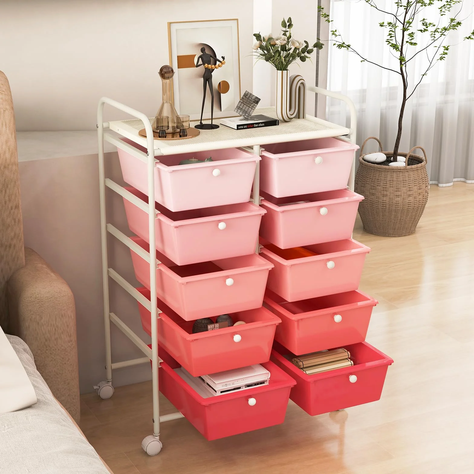 GYMAX Carrello Portaoggetti a 10 Cassetti con Ruote Bloccabili, Carrello di Stoccaggio, Leggero Multifunzione per Scuola, Ufficio, Casa, Studio, 65,5 x 37 x 87 cm (Rosa)