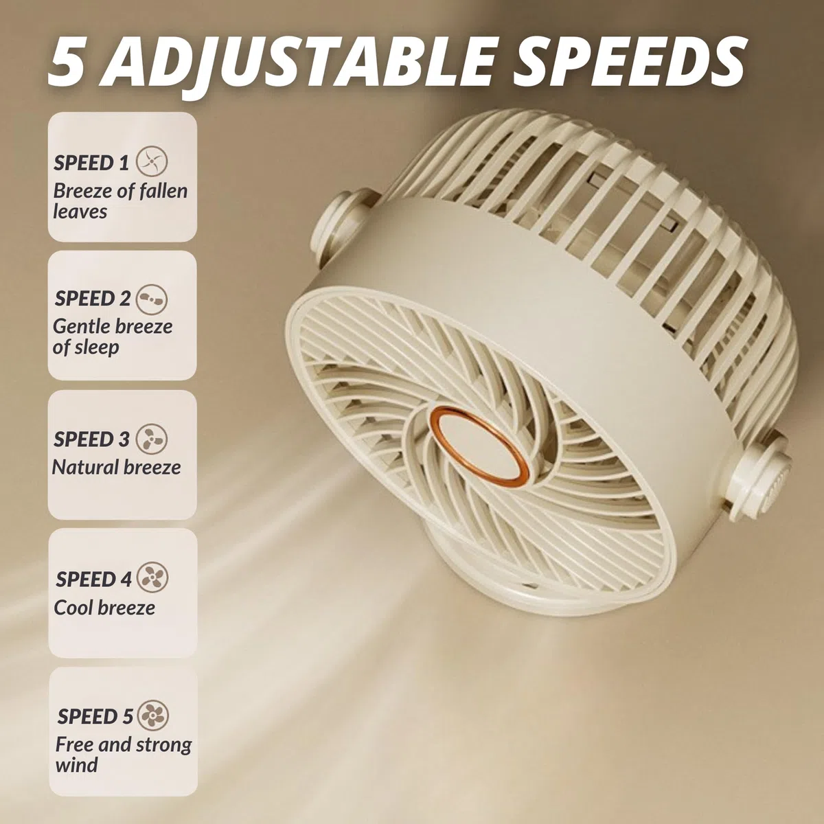 MAGIC SELECT Ventilatore con Clip, con 5 Velocità. Ventilatore da Tavolo Silenzioso, con Luce. Multisuperficie. Ruota di 360º. Batteria a Lunga Durata. USB-C, Cavo di Ricarica Incluso.