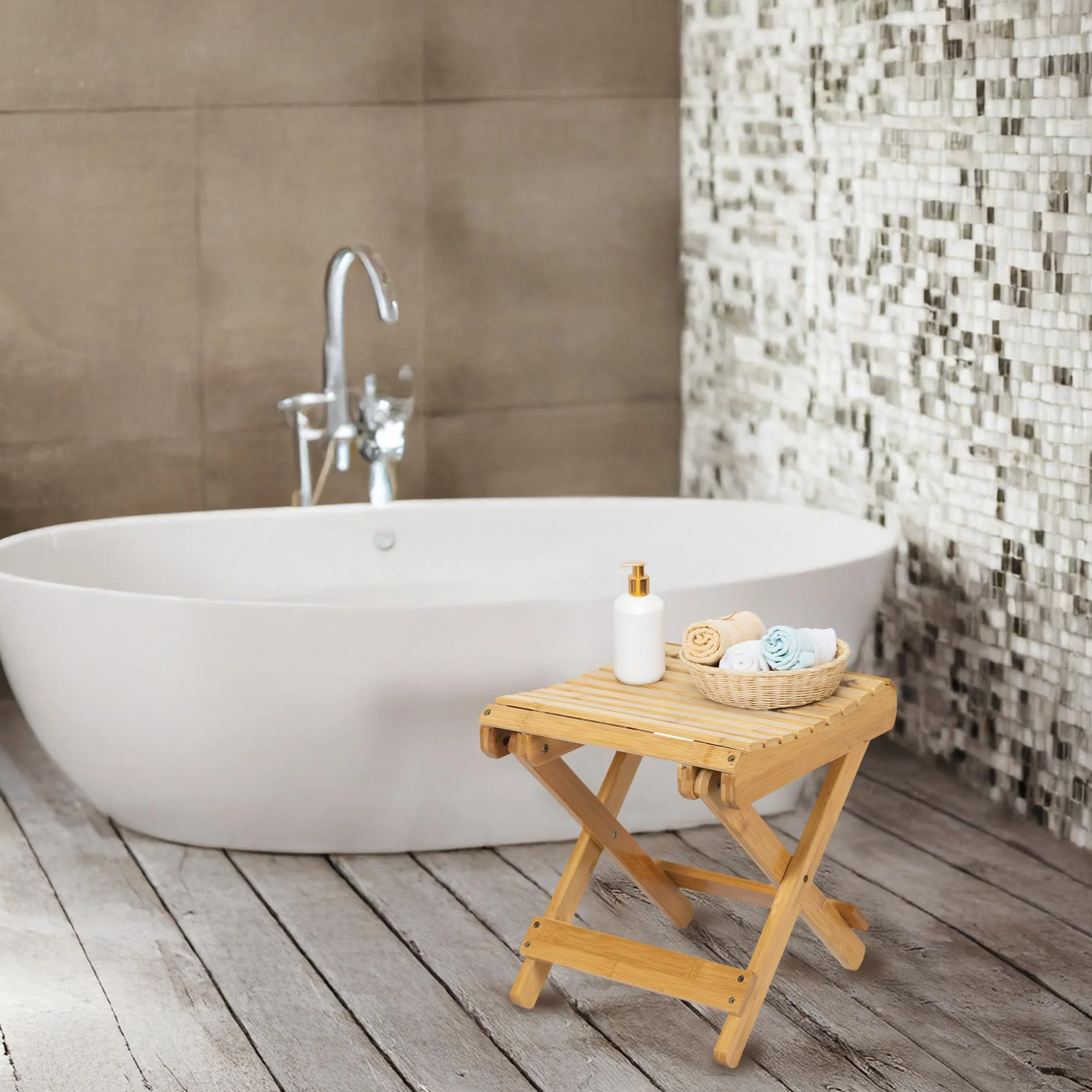 Spetebo Sgabello pieghevole in bambù naturale, rettangolare, 28 x 28 cm, in legno, pieghevole, universale, per cucina, bagno, corridoio