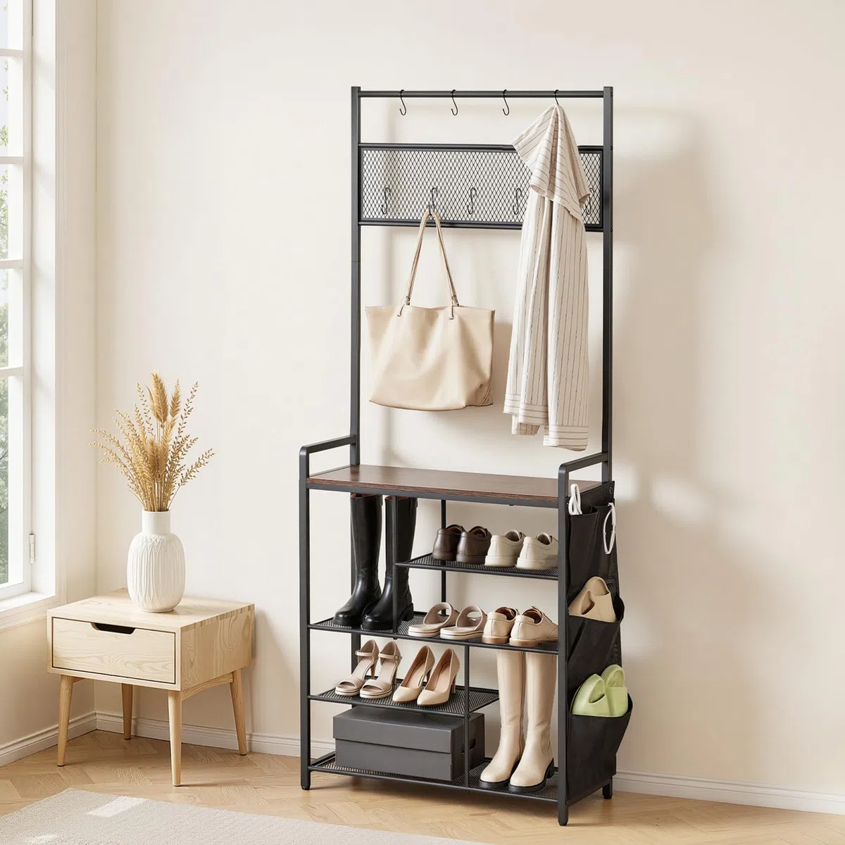 VEVOR Mobiletto Appendiabiti da Ingresso Appendiabiti con Scarpiera Ripiani Portaoggetti per Soggiorno Camera da Letto, Mobiletto Attaccapanni 750 x 300 x 1800 mm con Ganci Porta Sciarpa Scarpe
