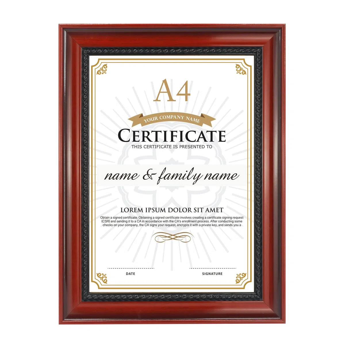 GraduatePro Cornice per Certificati A4 in Legno Massello Finitura Ciliegio Cornice per Diploma di Laurea con Intricati Dettagli in Corda Nera