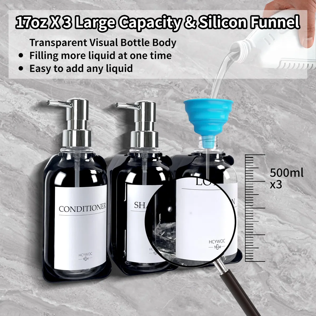 Dispenser per shampoo e balsamo, dispenser di sapone da doccia con 16 etichette impermeabili, dispenser per shampoo per parete doccia, dispenser per doccia a 3 camere senza trapano, 500 ml,