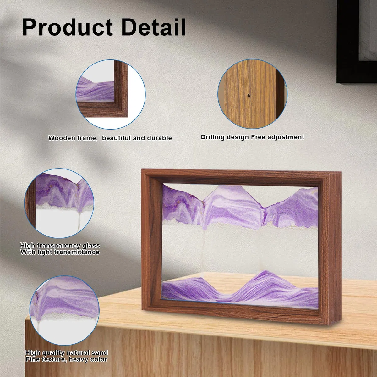 AzureLeap Pittura di Sabbia che Scorre Quadro 3D Sabbia Dinamica Paesaggio Marino, Decorazioni per Casa e Ufficio Giocattolo da Scrivania per Adulti Cornice in Legno [Viola-8"]