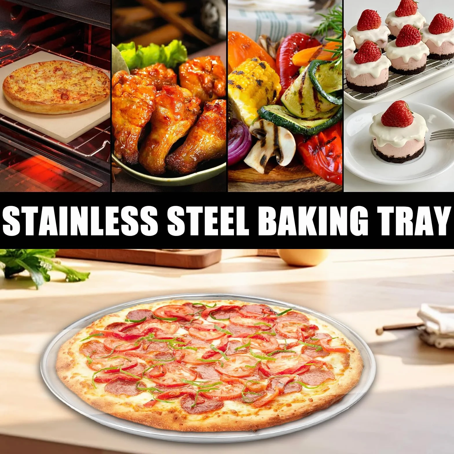 GOMETY 4 Teglie per Pizza Rotonde in Colore Acciaio Inox, 30CM Teglia per Pizza in Acciaio Inox, Set da Forno per Pizza in Acciaio al Carbonio Rivestita, Teglia per Pizza, Sana e Non Tossica, Facile