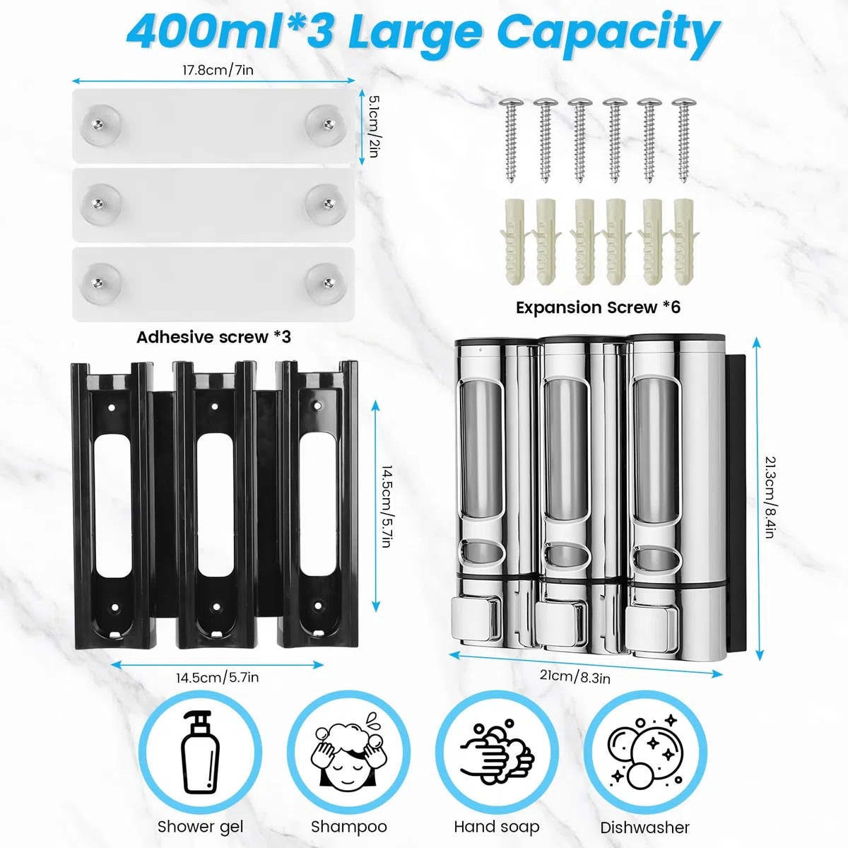 Dispenser di sapone da parete senza foratura, dispenser per shampoo e balsamo, 400 ml x 3 dispenser per shampoo, bottiglie trasparenti ricaricabili, per doccia da bagno, argento
