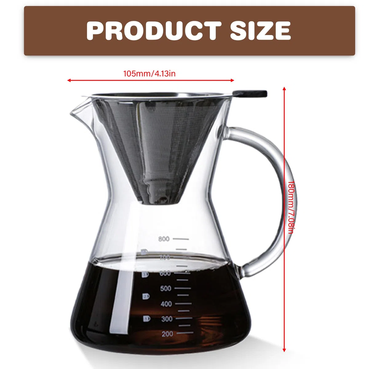 GOMETY Pour Over - Caffettiera in vetro borosilicato da 800 ml, con filtro in acciaio inox a doppio strato, con manico, in vetro per un piacere aromatico