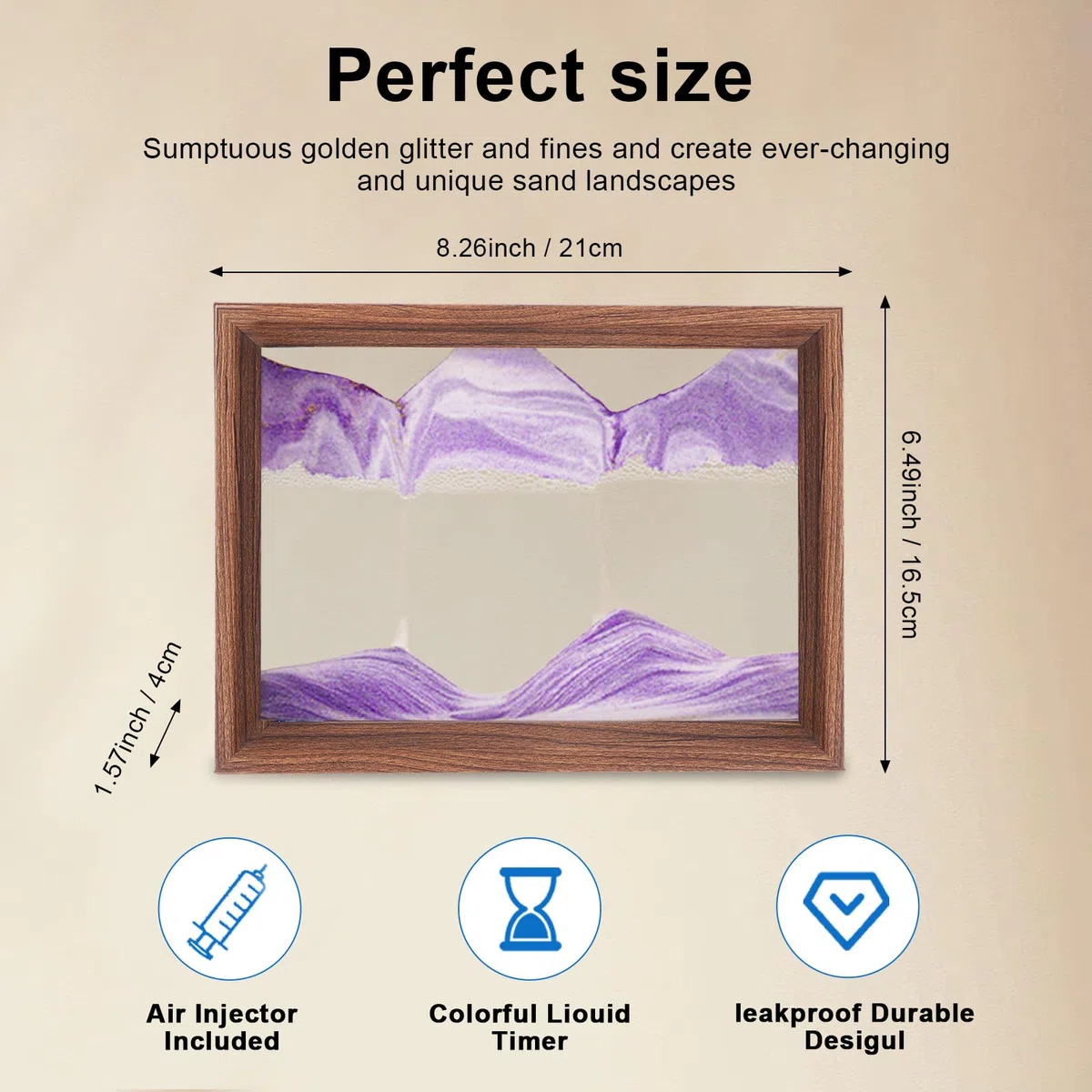 AzureLeap Pittura di Sabbia che Scorre Quadro 3D Sabbia Dinamica Paesaggio Marino, Decorazioni per Casa e Ufficio Giocattolo da Scrivania per Adulti Cornice in Legno [Viola-8"]