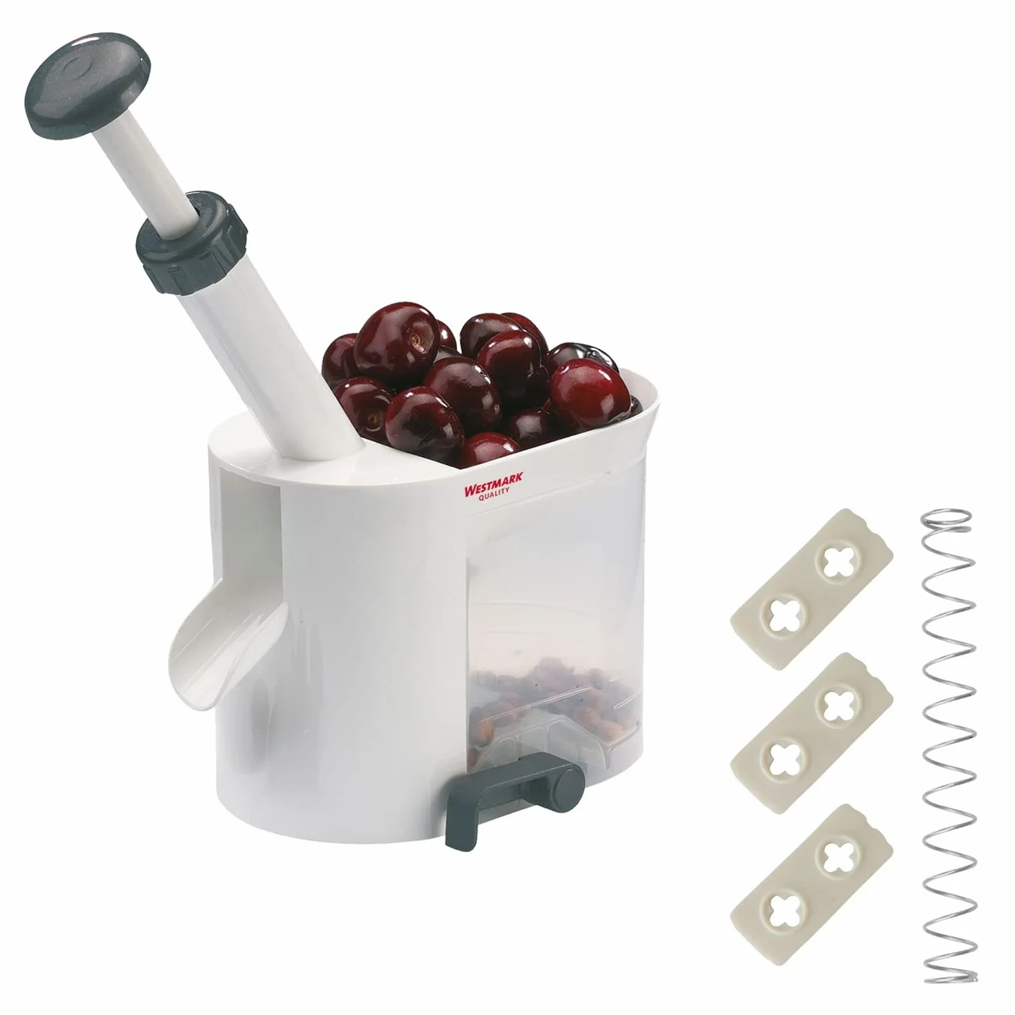 Westmark Snocciolatore per ciliegie con canale e vaschetta per noccioli, Incluso Set di Ricambio da 4 Pezzi, Plastica/Acciaio inox, Bianco/Antracite, 403022E6