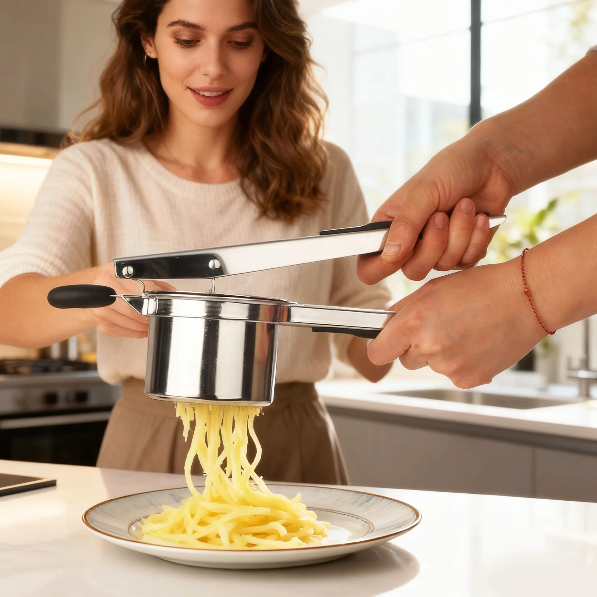 Schiacciapatate con 4 Setacci intercambiabili,Schiacciapatate Acciaio Inox,Pressa per Patate,Acciaio Inox per Purè di Patate, Frutta, Verdure, Bébé, Limone