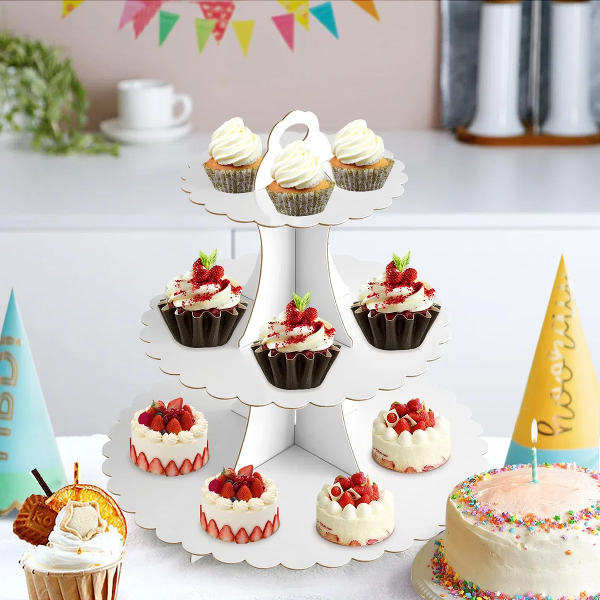 Soleebee Supporto per torta in cartone, supporto per cupcake a 3 livelli, supporto per torre da dessert, supporto per muffin, forniture per feste per compleanno, matrimonio, festa, torte, panini
