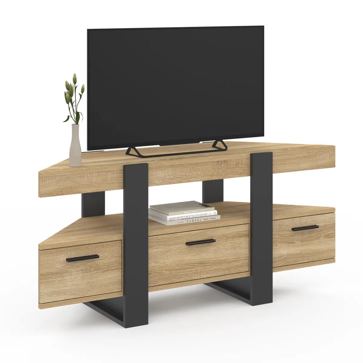 IDMarket - Mueble TV rinconero PHOENIX con cajón de madera y negro 116 cm