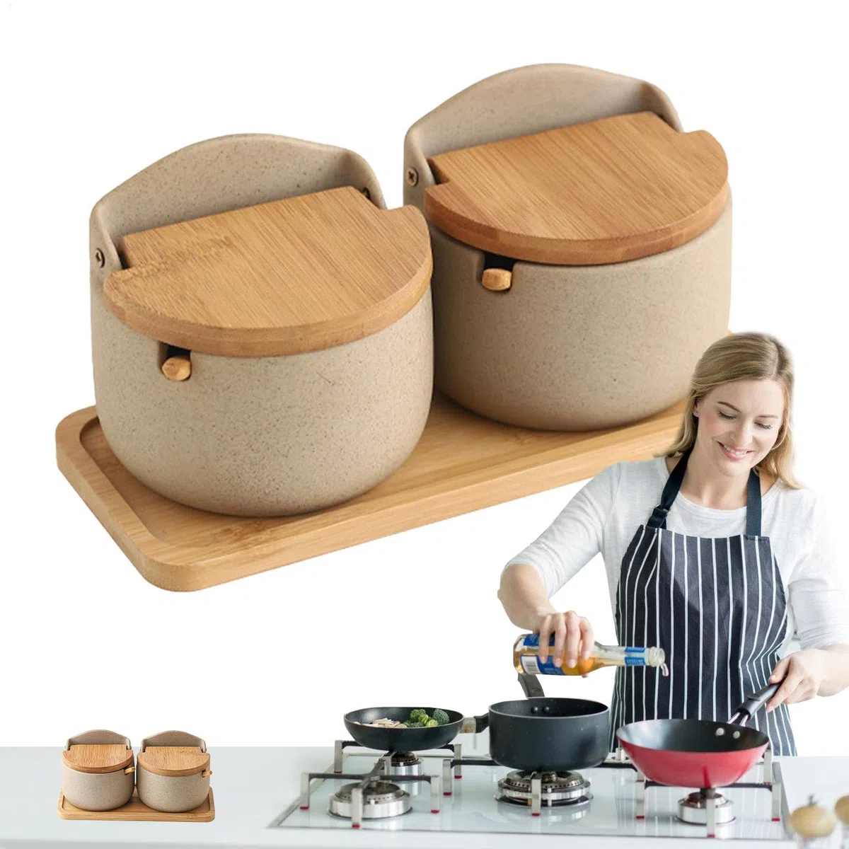 Contenitori Per Il Sale - Cantina Per Il Sale | 2x Porta Sale In Ceramica Con Coperchio A Cucchiaio In Legno, Scatola Per Condimenti, Barattolo Per Condimenti Da Cucina, Porta Sale Per Bancone, Baratt