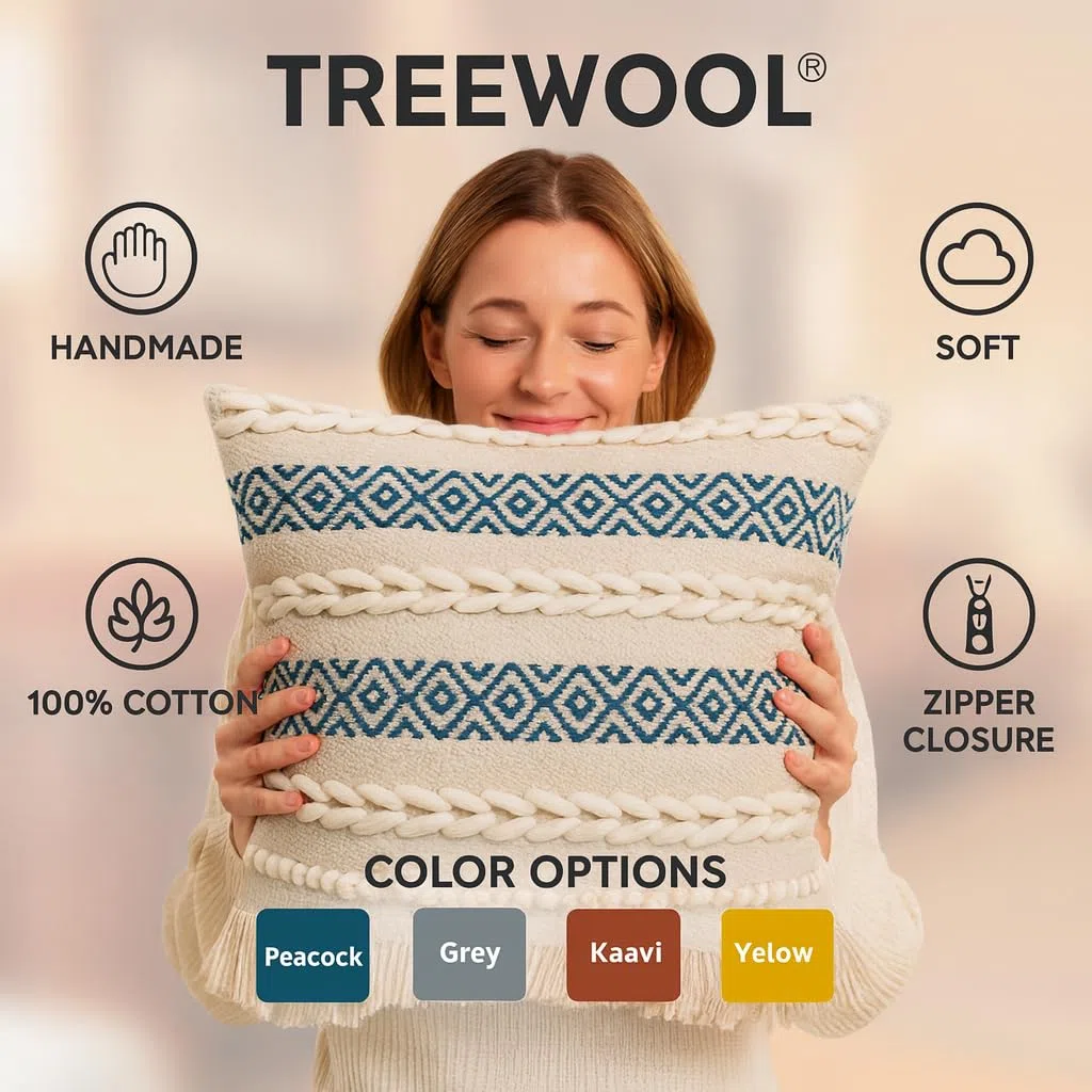 TreeWool Fodera per Cuscino Boho (45x45 cm, Verde Pavone, Confezione da 1) Cuscino Decorativo Tessuto a Mano con Passanti Intrecciati, Motivo Geometrico e Frange - Cuscino Quadrato per Divano
