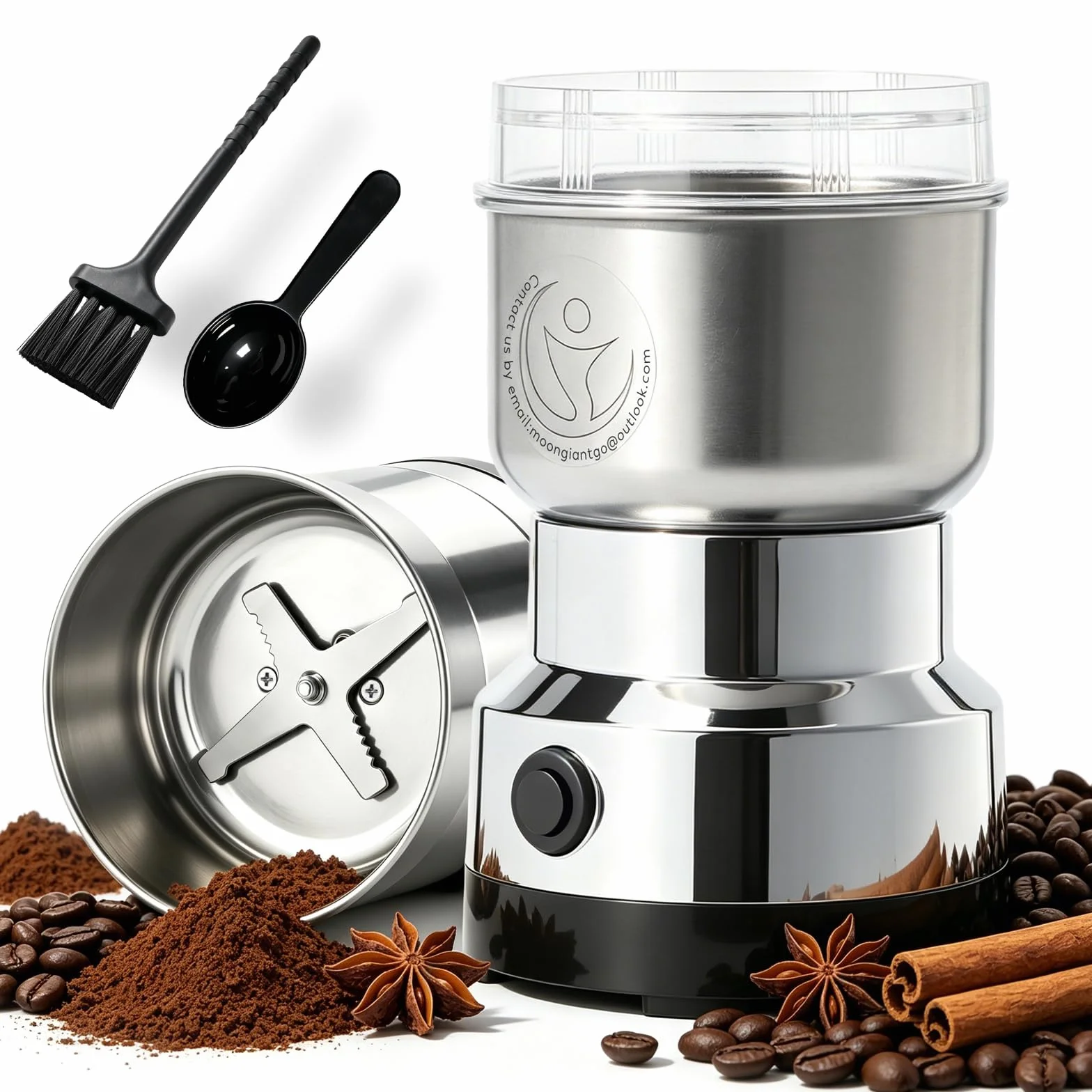 Moongiantgo Macinacaffe Elettrico 150W 14500rpm, Mulino Portatile per Cereali 300ml, Smash Multifunzione Ultrafine, Acciaio Inossidabile, Ideale per Materiali Secchi, Spezie, Erbe, Caffè (Argento)