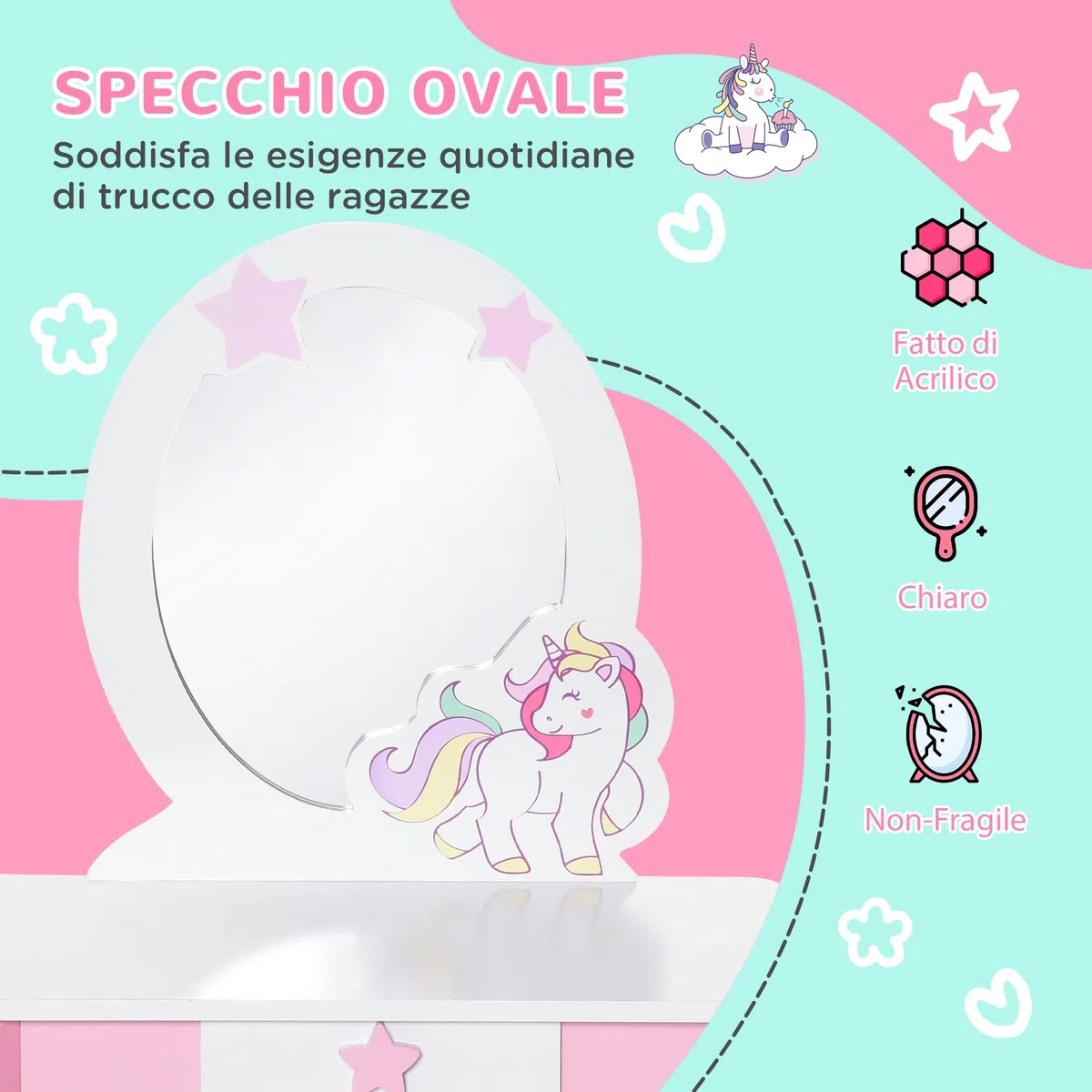 HOMCOM Specchiera Giocattolo Toeletta con Cassetto e Sgabello in Legno, Giochi per Bambine 3-6 Anni Rosa e Bianco