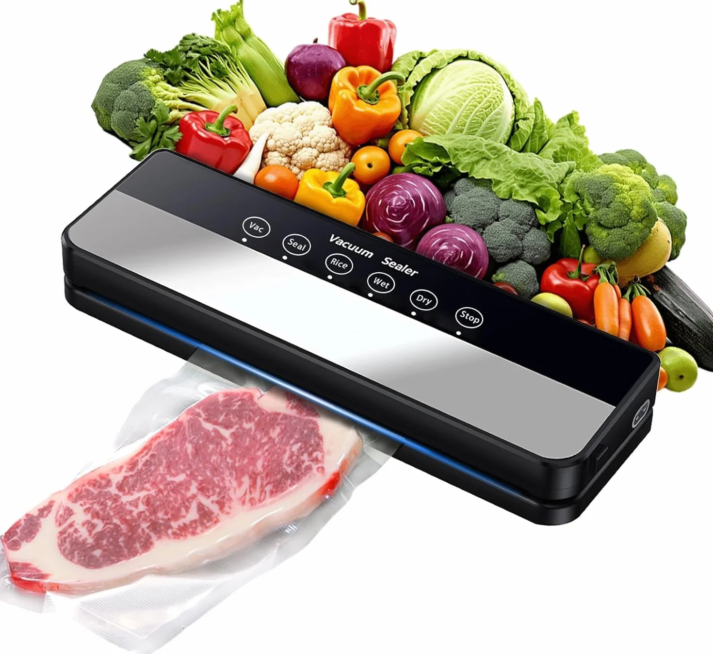 Macchina Sottovuoto,Potente 90Kpa Precisione 5 in 1 Sistema di Conservazione degli Alimenti Sottovuoto, Include sacchetto per il vuoto, Modalità a Secco e Umido Nero (Black, 10 vacuum bags)