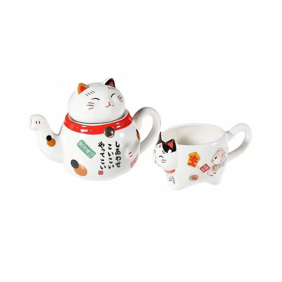 lachineuse - Servizio da tè giapponese Maneki Neko - Con teiera e tazza in porcellana - Teiera con filtro infusore - Idea regalo Giappone Gatto Kawaii Carino per compleanno, Natale - Stoviglie