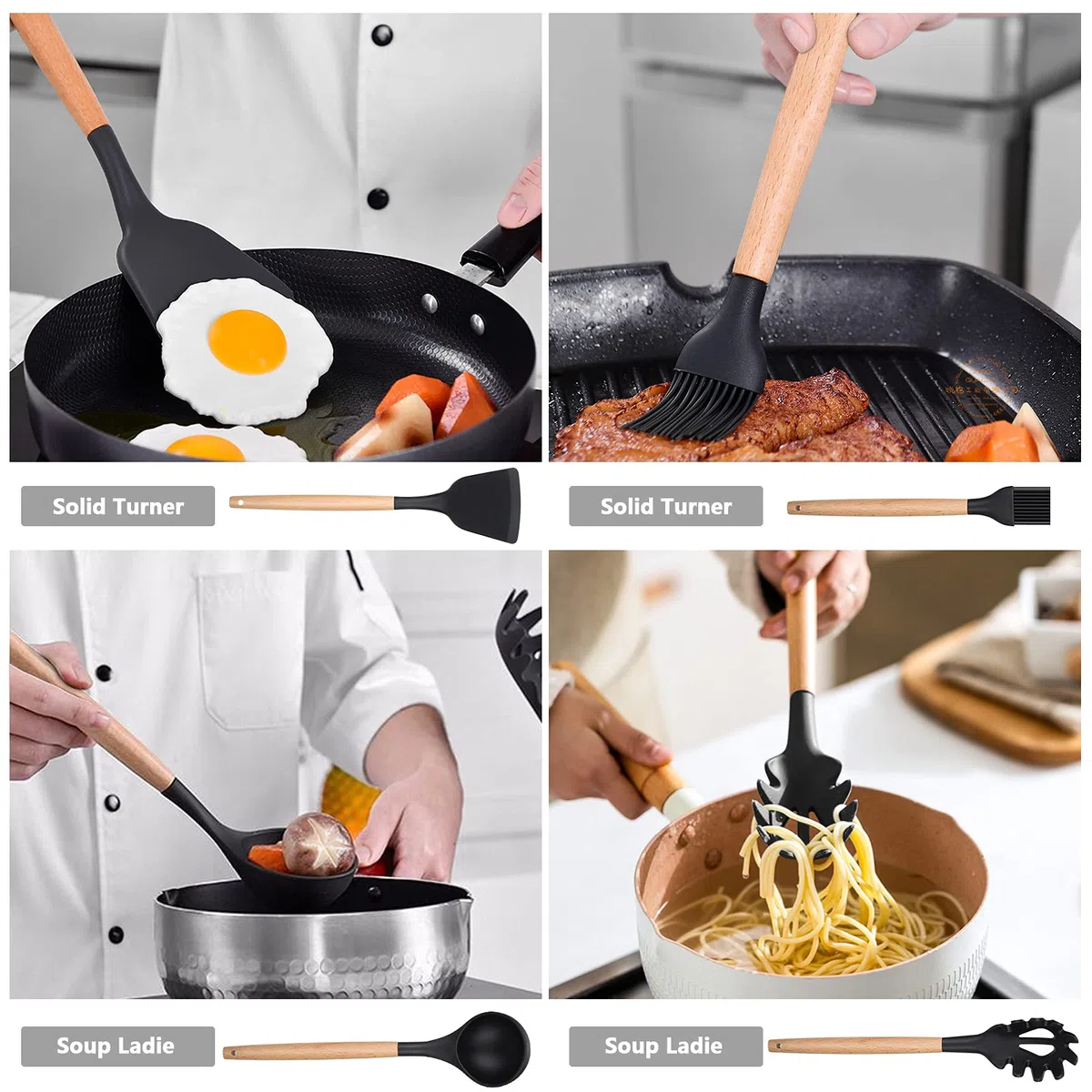 Utensili da cucina in silicone per legno, 12 pezzi, accessori da cucina, set senza BPA, antiaderenti, antigraffio e resistenti al calore, strumento da cucina antiaderente per mestolo, spatola,