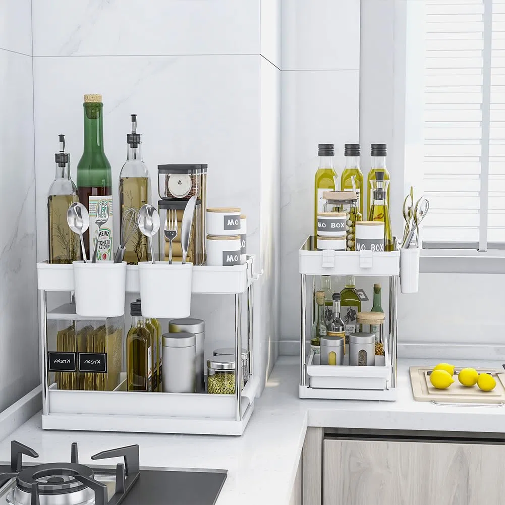 BAKAJI Set 2 Organizer Sottolavello per Bagno e Cucina con Cassetto Scorrevole, Scaffale Cestello Scorrimento Salvaspazio 2 Ripiani, Scaffalatura Sotto Lavello Portaoggetti Ripiano Estraibile (Bianco)